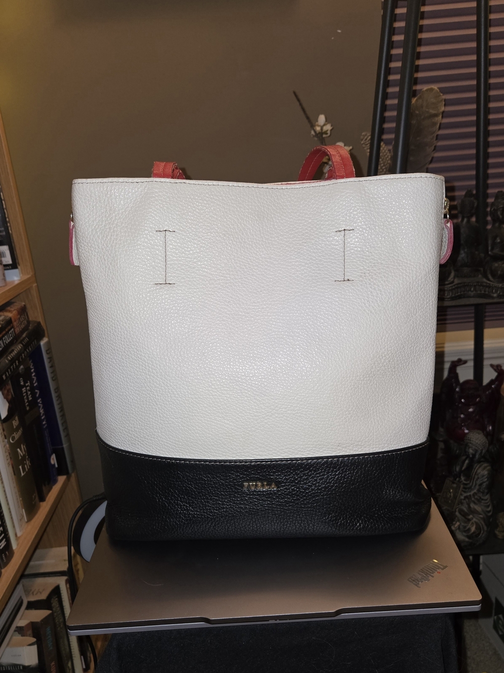 Furla Colorblock Pebbled Leather Tote Bag - White/Black/Coral Red